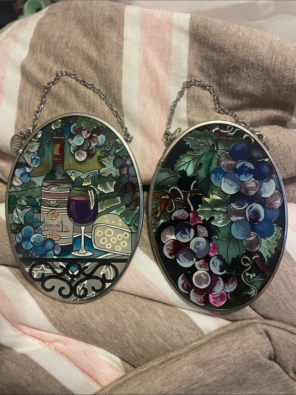 Hand-Painted Wine & Grape Glass Art Panels - Purple/Green